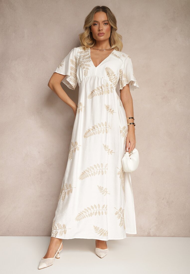 maja studio Rochie Cloș Albă din Viscoză Decorată cu Frunze Brodate Tirvesa