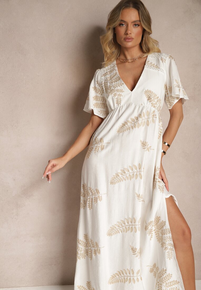 maja studio Rochie Cloș Albă din Viscoză Decorată cu Frunze Brodate Tirvesa