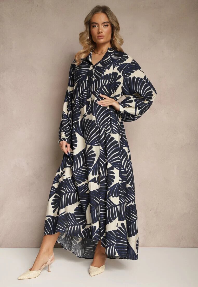 maja studio Rochie Cloș Albastră din Viscoză cu Model Frunze Wilvesia