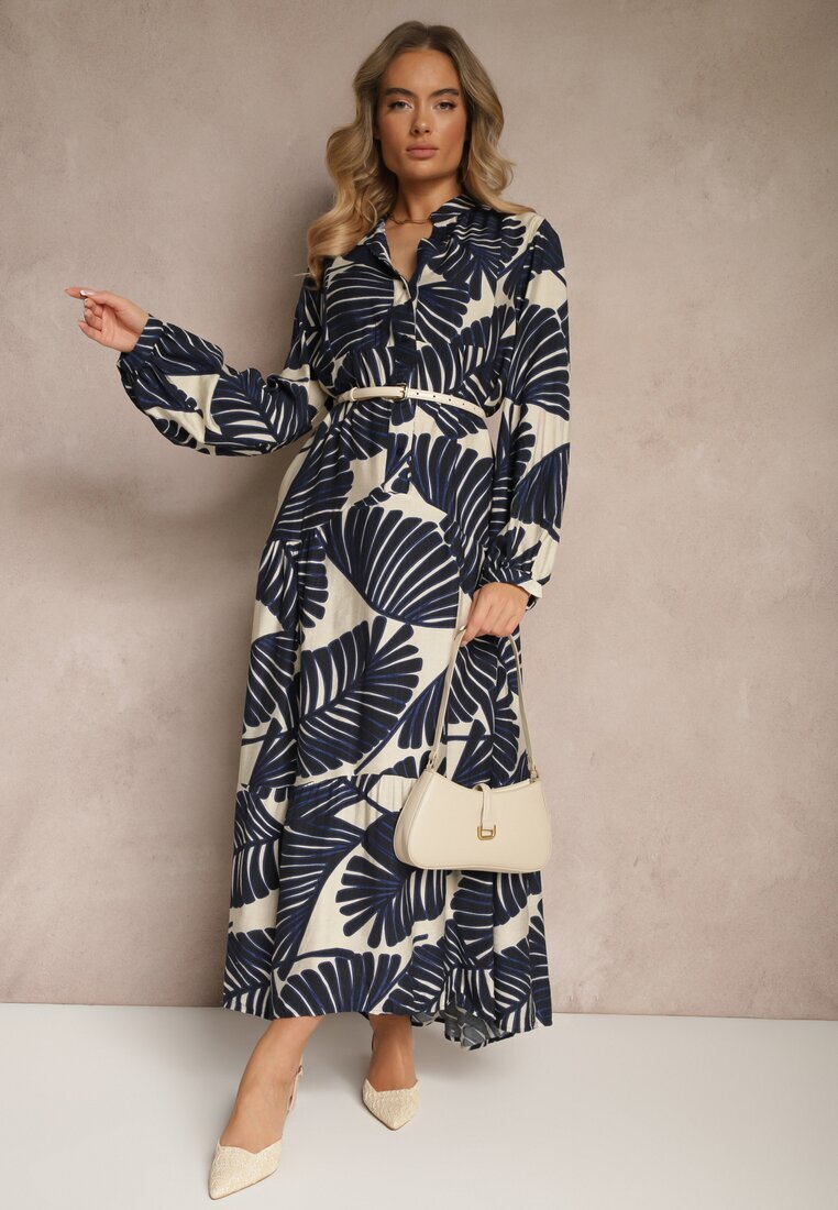 maja studio Rochie Cloș Albastră din Viscoză cu Model Frunze Wilvesia