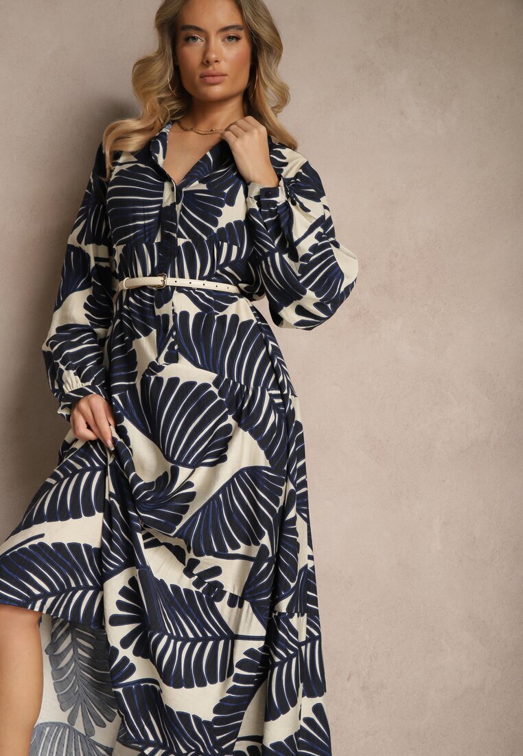 maja studio Rochie Cloș Albastră din Viscoză cu Model Frunze Wilvesia