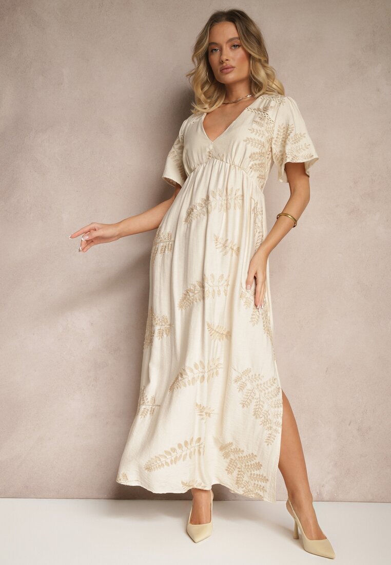 maja studio Rochie Cloș Bej din Viscoză Decorată cu Frunze Brodate Tirvesa