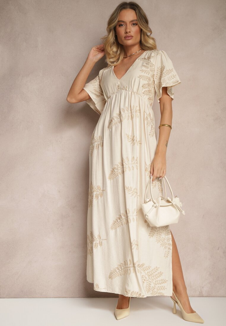 maja studio Rochie Cloș Bej din Viscoză Decorată cu Frunze Brodate Tirvesa