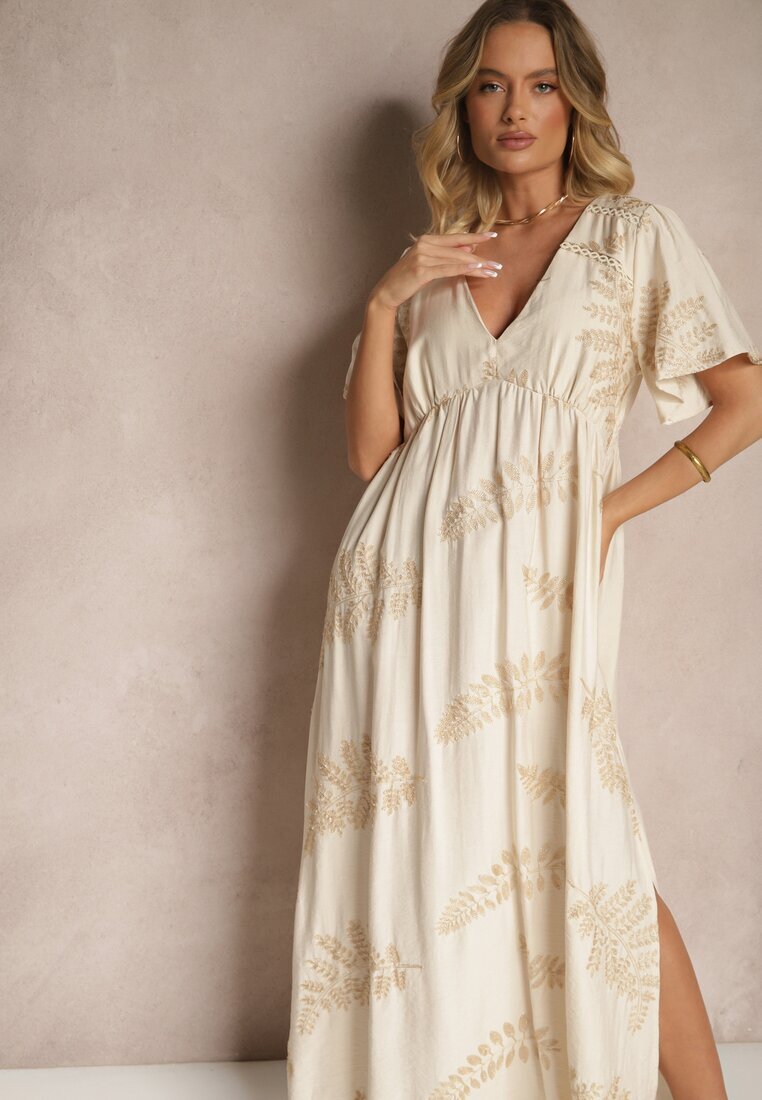 maja studio Rochie Cloș Bej din Viscoză Decorată cu Frunze Brodate Tirvesa