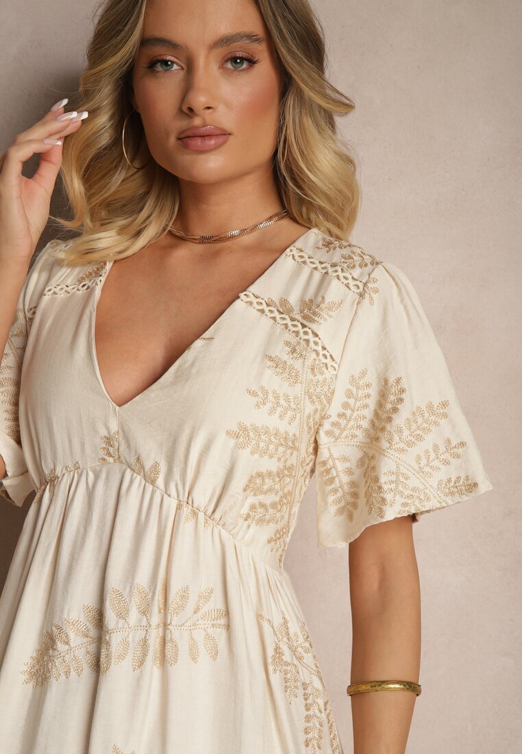 maja studio Rochie Cloș Bej din Viscoză Decorată cu Frunze Brodate Tirvesa