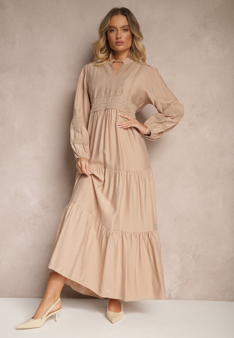 maja studio Rochie Cloș Bej din Viscoză Stil Boho cu Dantelă și Elastic Gonalien
