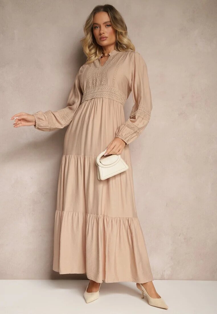 maja studio Rochie Cloș Bej din Viscoză Stil Boho cu Dantelă și Elastic Gonalien