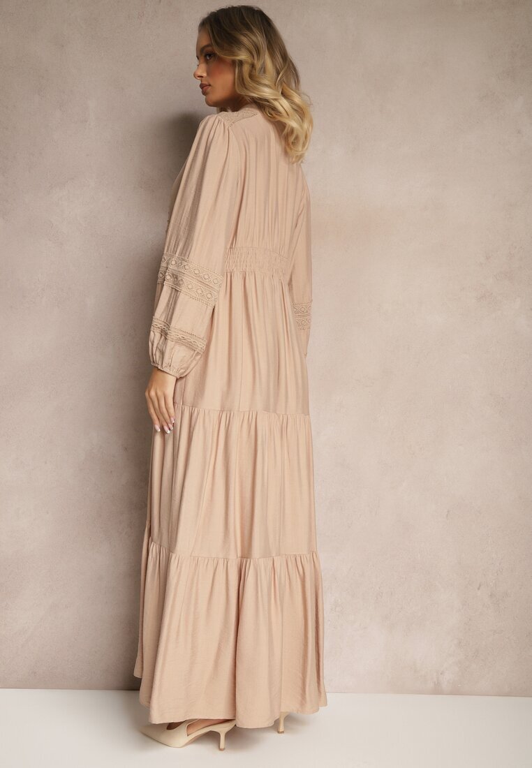 maja studio Rochie Cloș Bej din Viscoză Stil Boho cu Dantelă și Elastic Gonalien