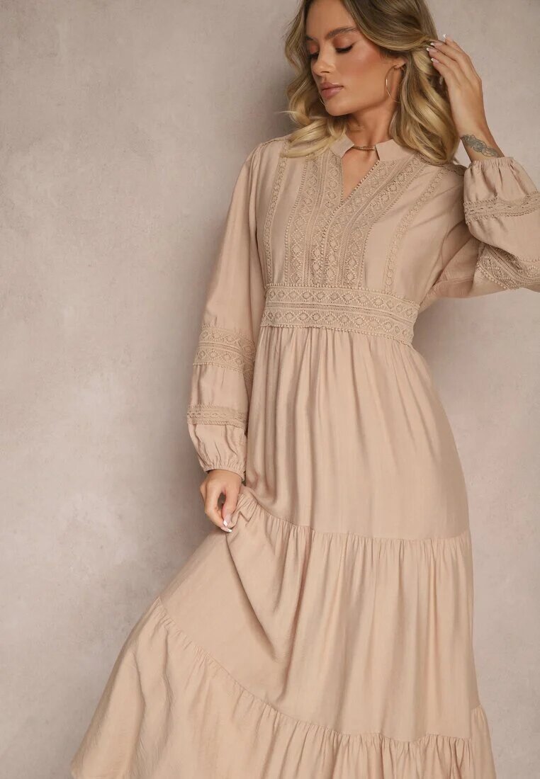 maja studio Rochie Cloș Bej din Viscoză Stil Boho cu Dantelă și Elastic Gonalien