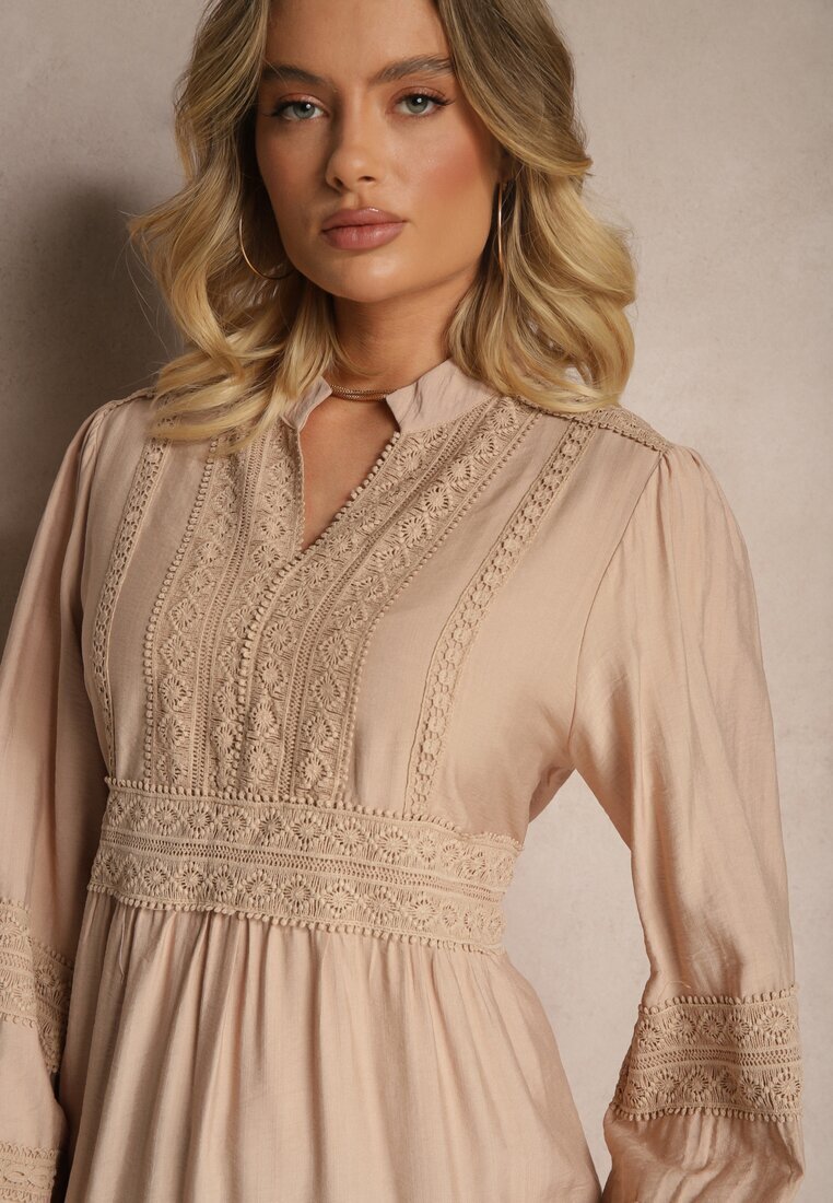 maja studio Rochie Cloș Bej din Viscoză Stil Boho cu Dantelă și Elastic Gonalien