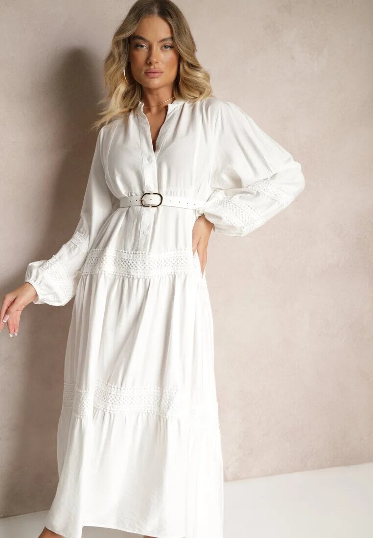 maja studio Rochie din viscoză albă Decorată cu dantelă Nelanira