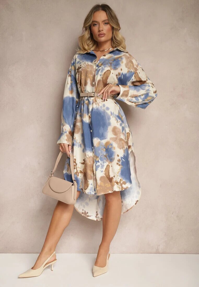 maja studio Rochie din viscoză albastră oversize tip cămașă cu imprimeu abstract Gonnivae