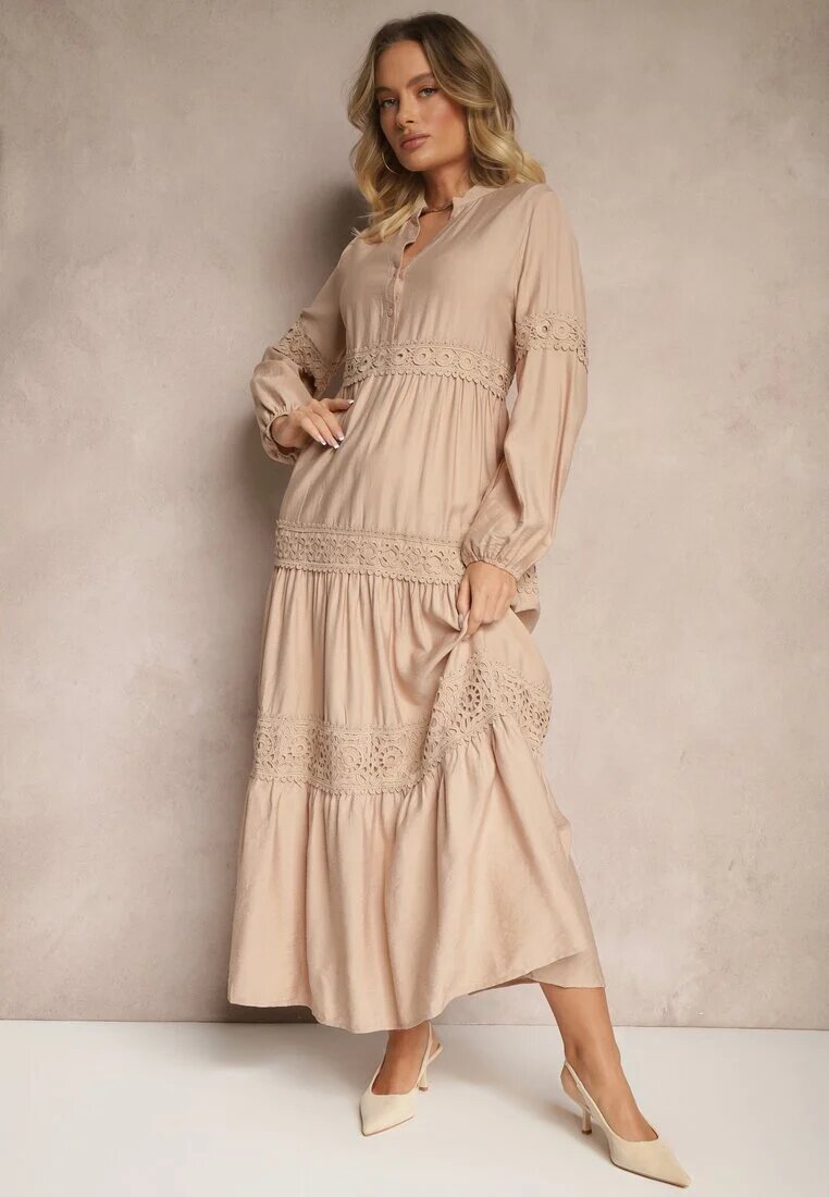 maja studio Rochie din viscoză bej închis evazată cu dantelă Gonalorin