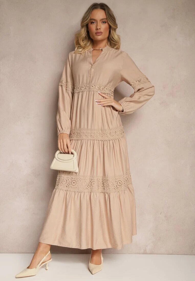 maja studio Rochie din viscoză bej închis evazată cu dantelă Gonalorin