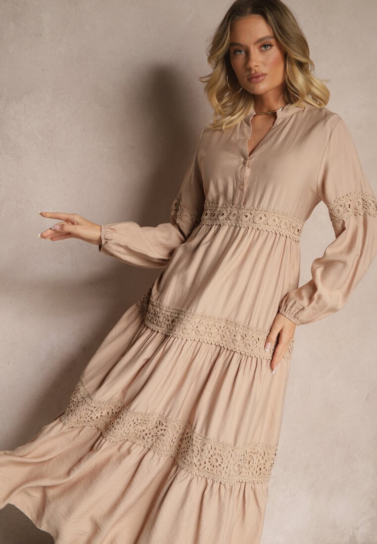 maja studio Rochie din viscoză bej închis evazată cu dantelă Gonalorin