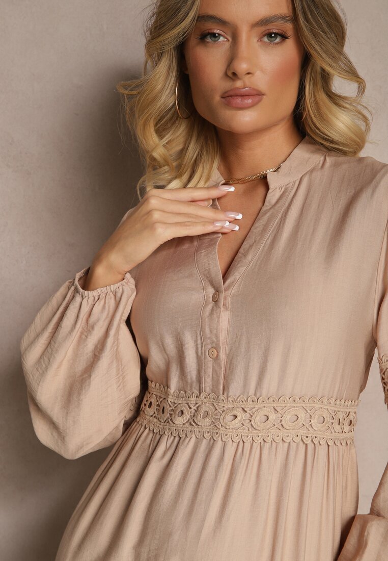 maja studio Rochie din viscoză bej închis evazată cu dantelă Gonalorin