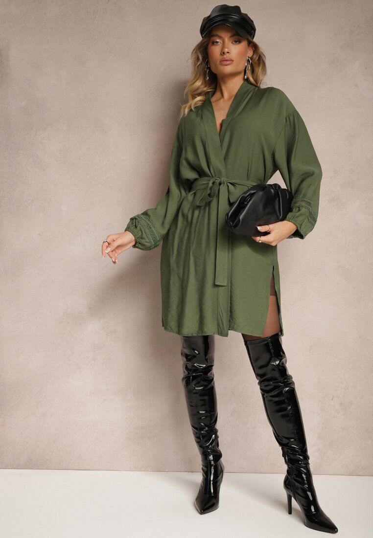 maja studio Rochie Kimono Verde din Viscoză cu Buzunare Decorată cu Inserții Ajourate Salithia