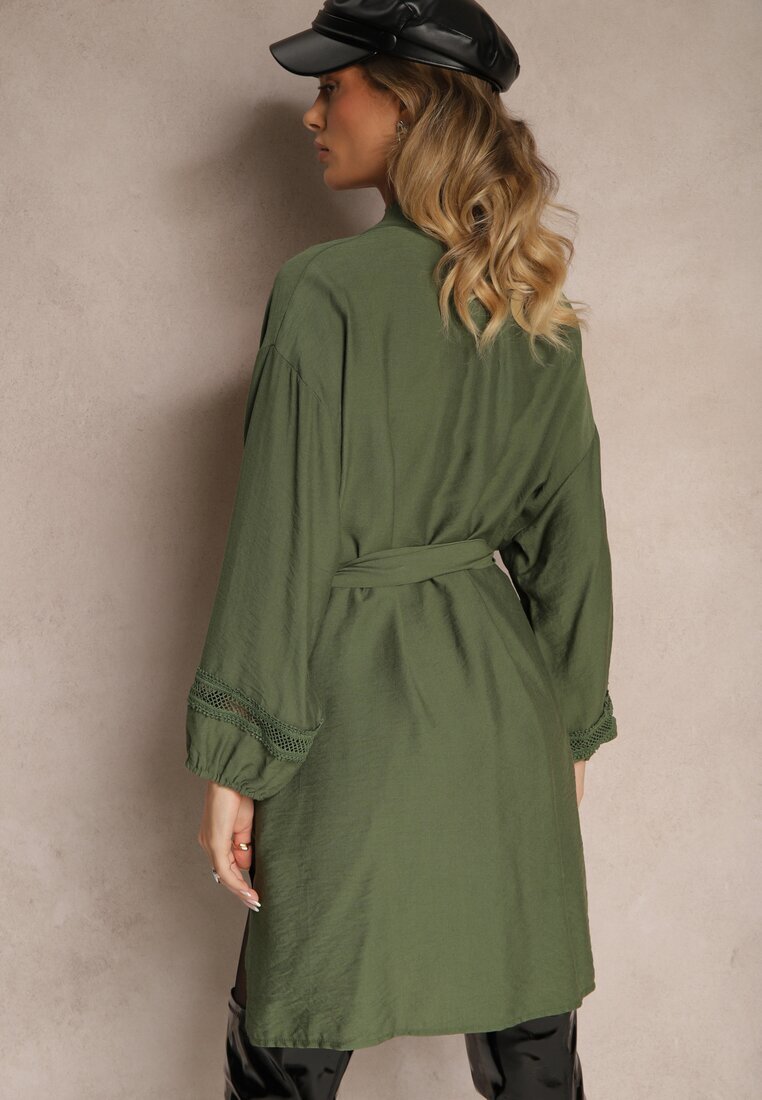 maja studio Rochie Kimono Verde din Viscoză cu Buzunare Decorată cu Inserții Ajourate Salithia