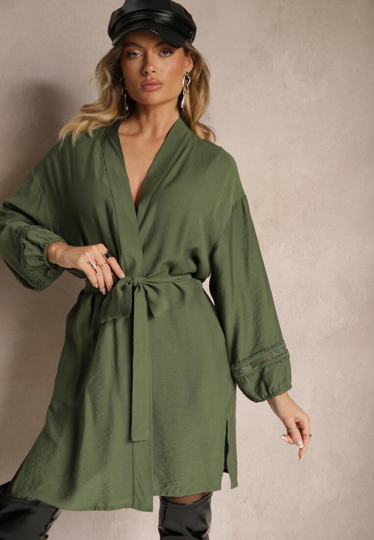 maja studio Rochie Kimono Verde din Viscoză cu Buzunare Decorată cu Inserții Ajourate Salithia