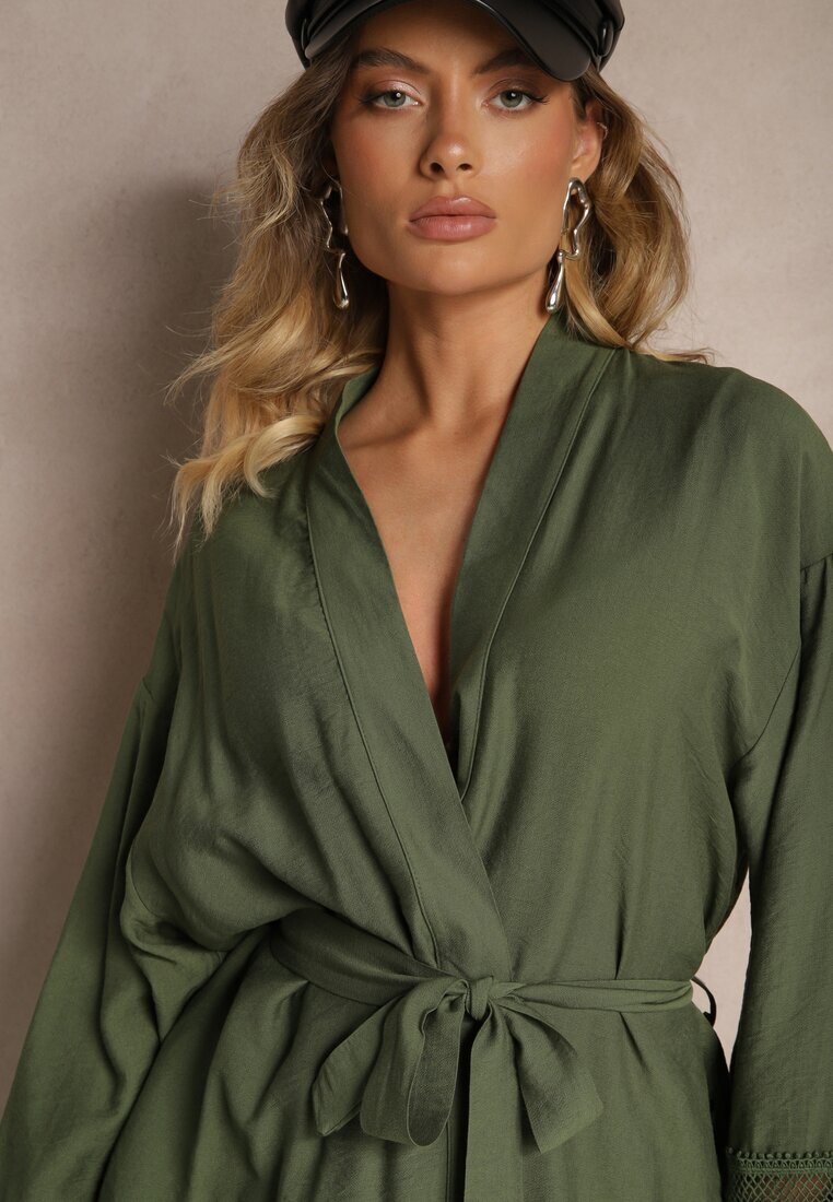 maja studio Rochie Kimono Verde din Viscoză cu Buzunare Decorată cu Inserții Ajourate Salithia