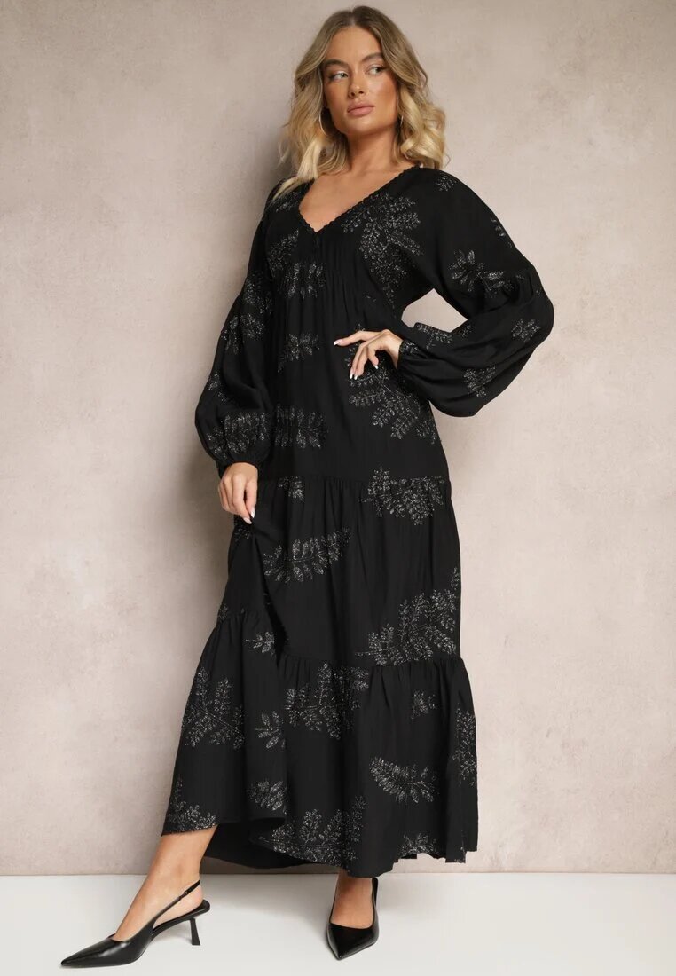 maja studio Rochie Neagră din Viscoză Decorată cu Broderie Metalică Nalainor