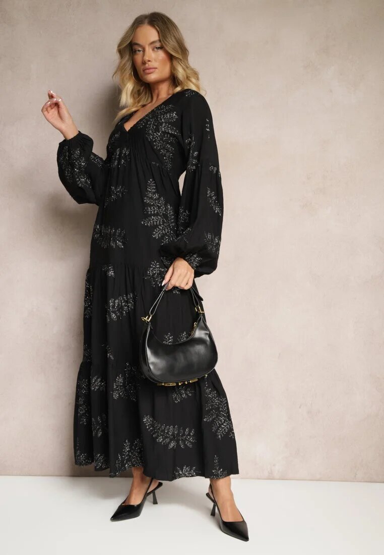 maja studio Rochie Neagră din Viscoză Decorată cu Broderie Metalică Nalainor