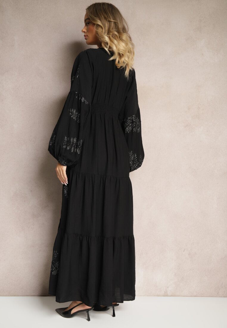 maja studio Rochie Neagră din Viscoză Decorată cu Broderie Metalică Nalainor