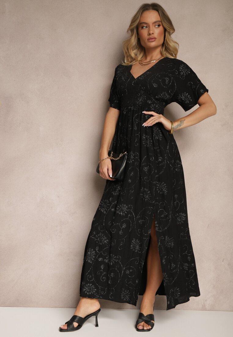 maja studio Rochie Neagră din Viscoză Decorată cu Broderie și Fir Metalic Ivelvesa