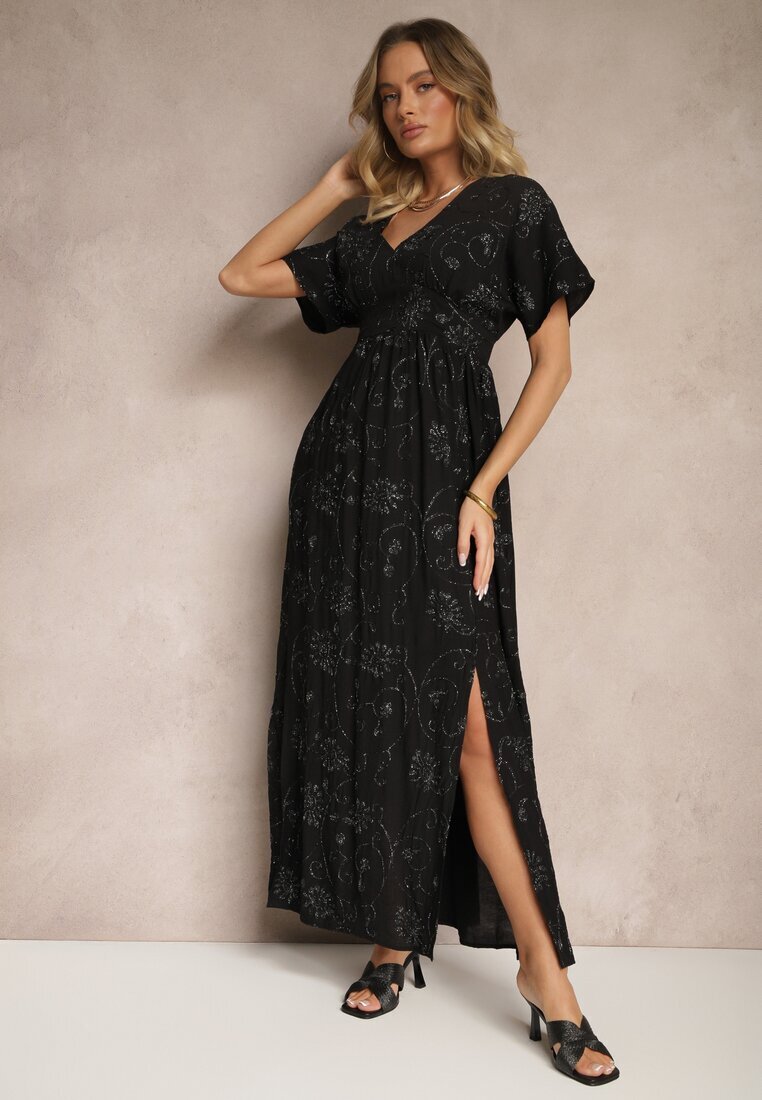 maja studio Rochie Neagră din Viscoză Decorată cu Broderie și Fir Metalic Ivelvesa