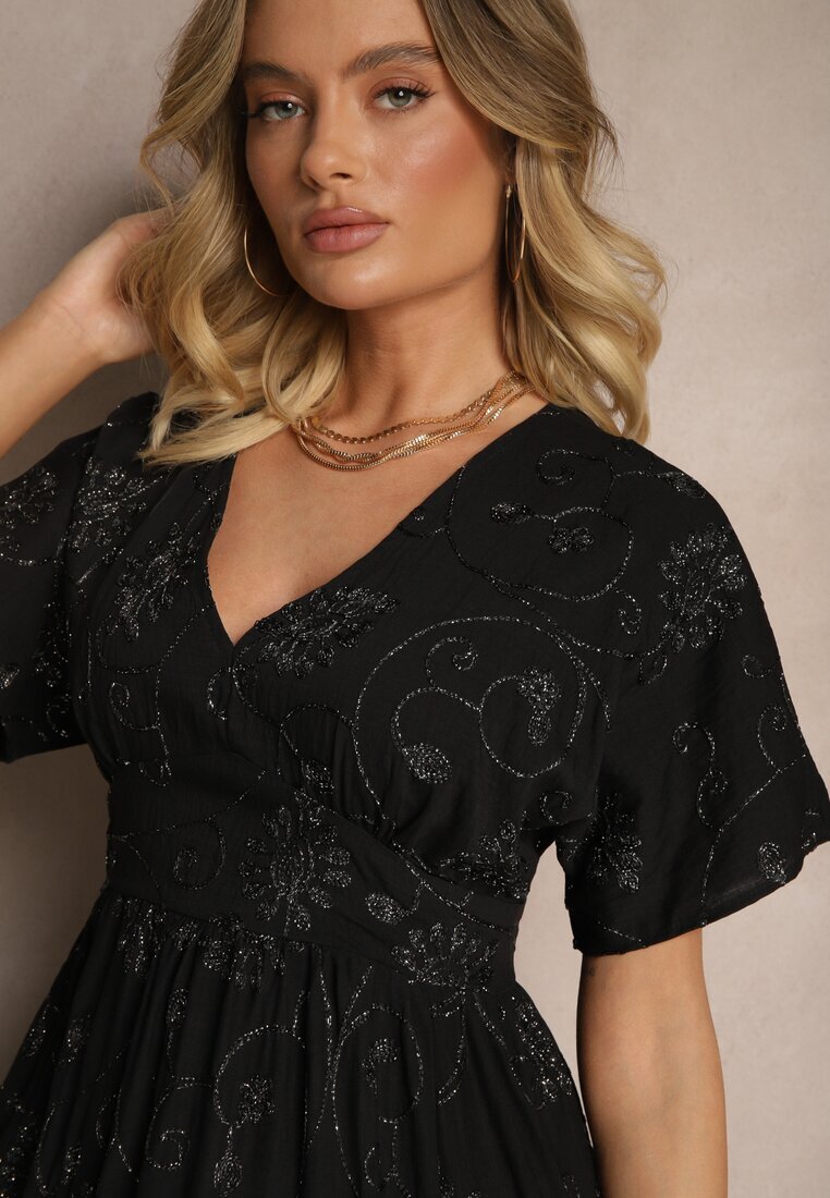maja studio Rochie Neagră din Viscoză Decorată cu Broderie și Fir Metalic Ivelvesa