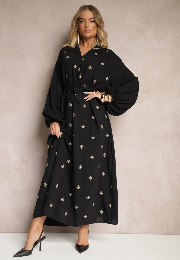 maja studio Rochie Neagră din Viscoză Oversize Decorată cu Broderie Venalari