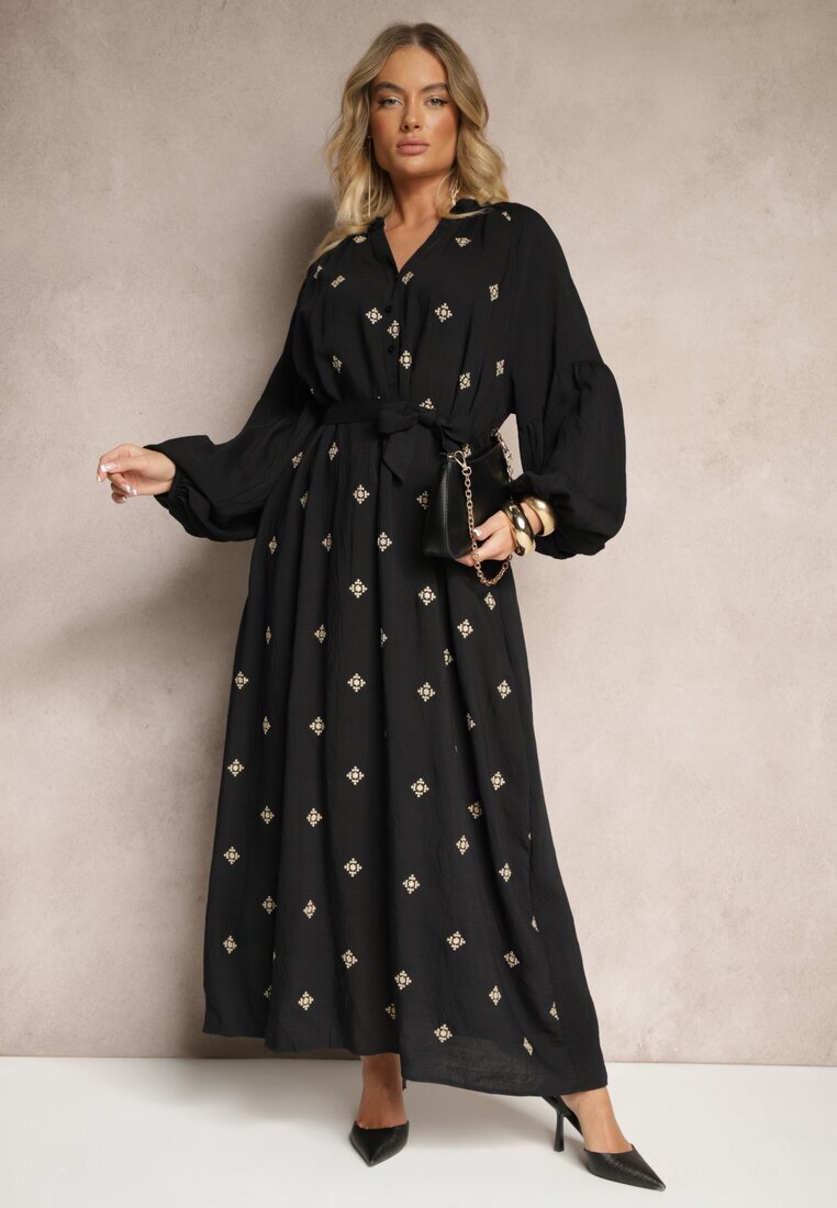 maja studio Rochie Neagră din Viscoză Oversize Decorată cu Broderie Venalari