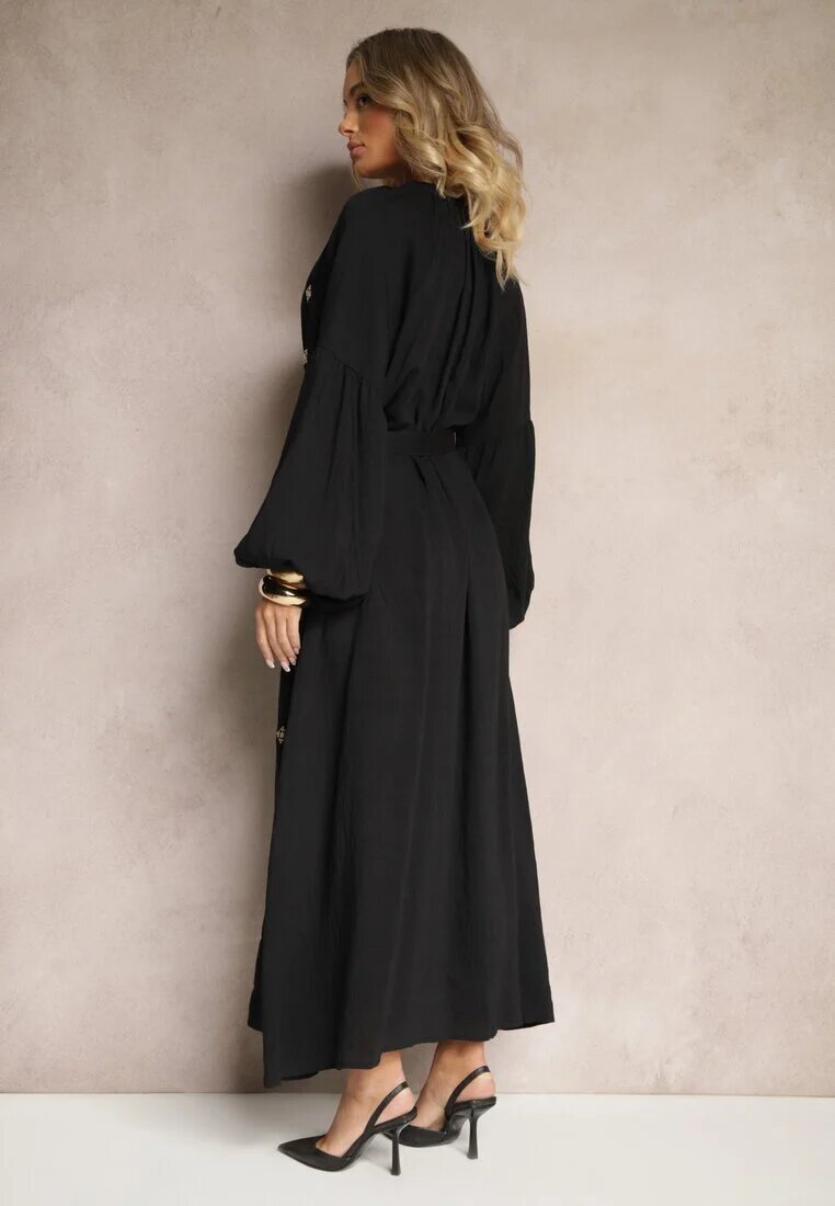 maja studio Rochie Neagră din Viscoză Oversize Decorată cu Broderie Venalari