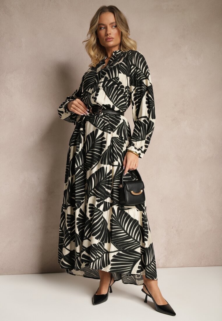 maja studio Rochie Neagră Evazată din Vâscoză cu Motiv Frunze Wilvesia