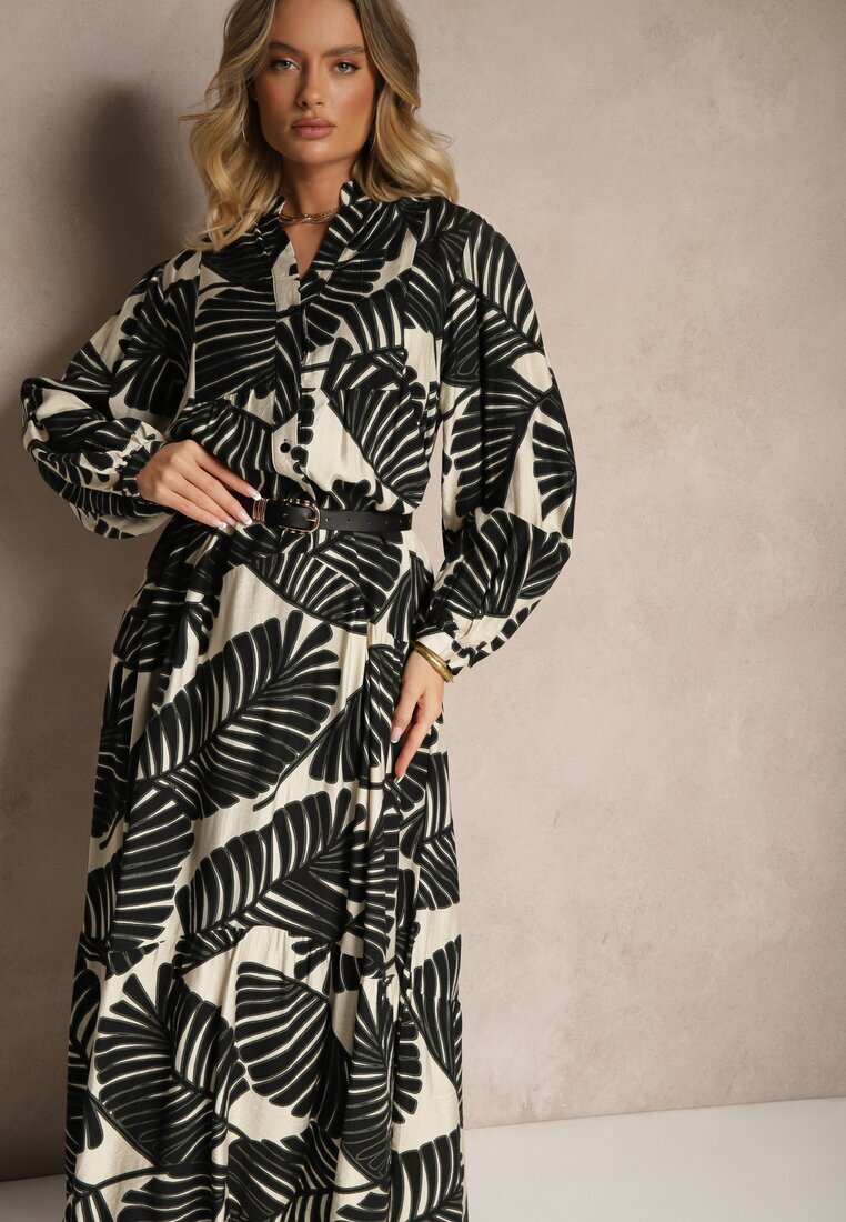maja studio Rochie Neagră Evazată din Vâscoză cu Motiv Frunze Wilvesia