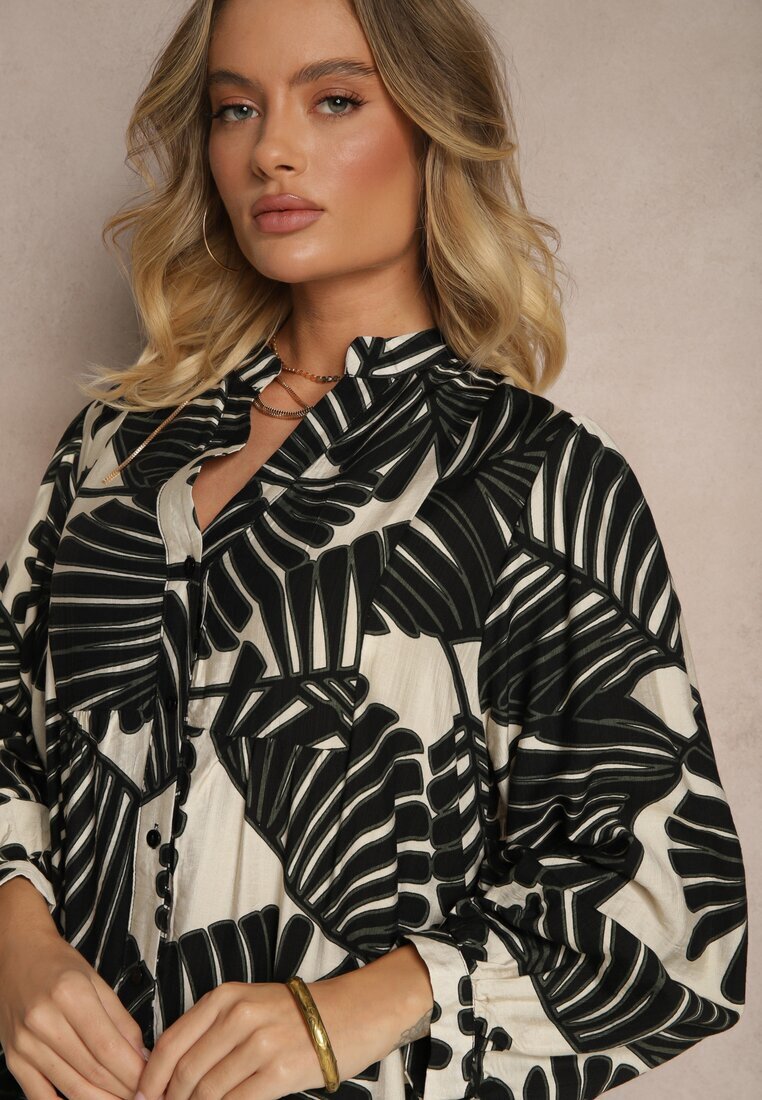 maja studio Rochie Neagră Evazată din Vâscoză cu Motiv Frunze Wilvesia