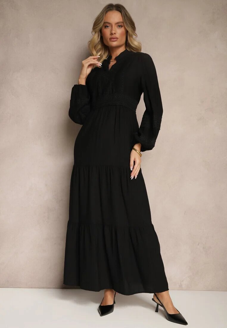 maja studio Rochie Neagră Evazată din Viscoză în Stil Boho cu Dantelă și Elastic Gonalien