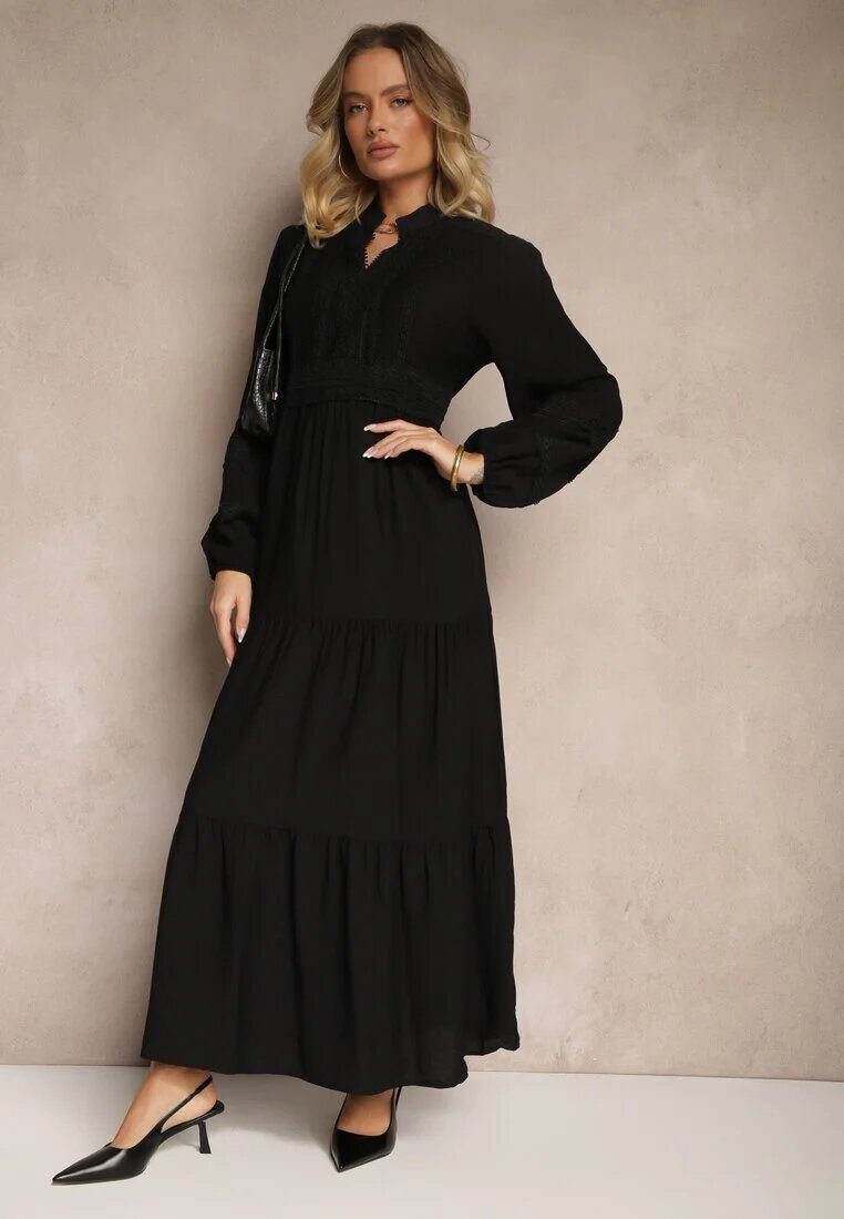 maja studio Rochie Neagră Evazată din Viscoză în Stil Boho cu Dantelă și Elastic Gonalien