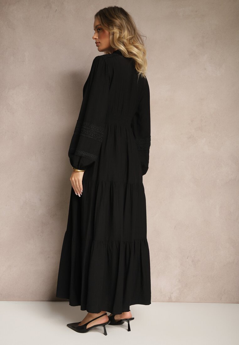 maja studio Rochie Neagră Evazată din Viscoză în Stil Boho cu Dantelă și Elastic Gonalien