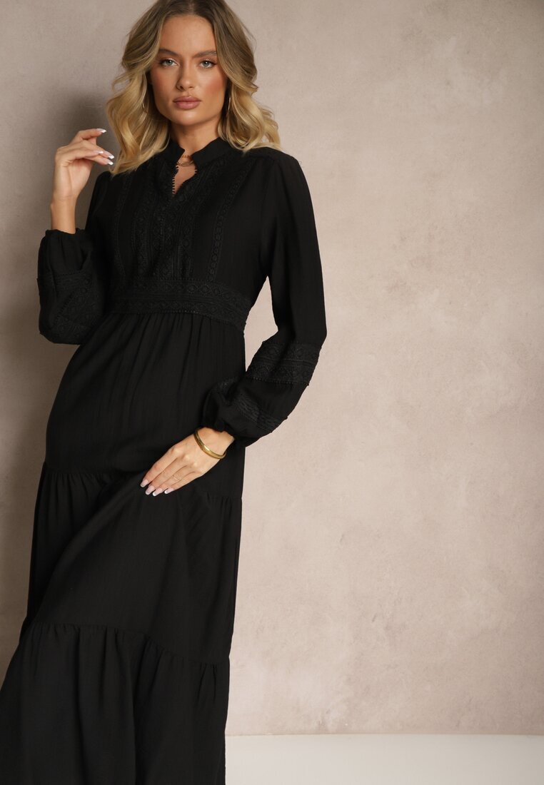 maja studio Rochie Neagră Evazată din Viscoză în Stil Boho cu Dantelă și Elastic Gonalien