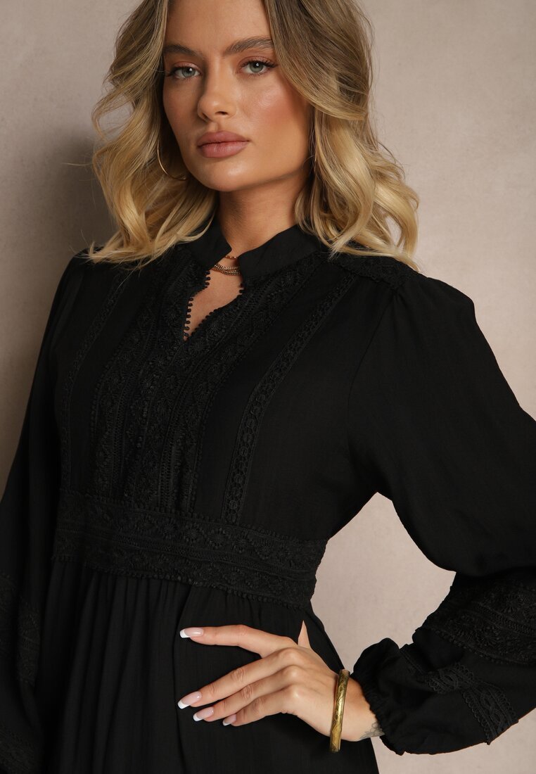 maja studio Rochie Neagră Evazată din Viscoză în Stil Boho cu Dantelă și Elastic Gonalien