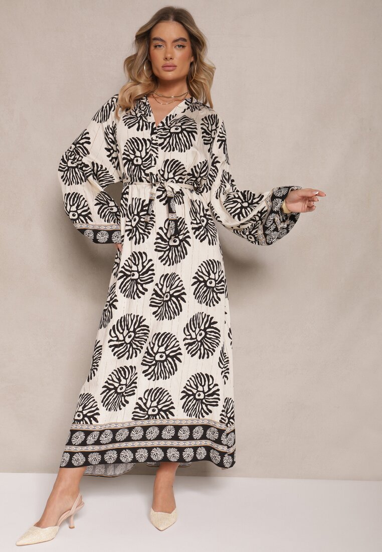 maja studio Rochie Neagră Oversize din Viscoză cu Cordon Decorată cu Imprimeu Etnic Velsekia