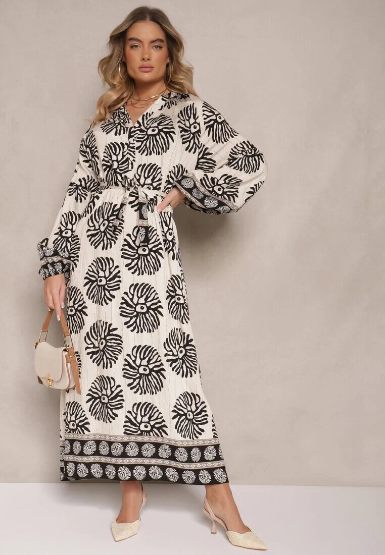 maja studio Rochie Neagră Oversize din Viscoză cu Cordon Decorată cu Imprimeu Etnic Velsekia