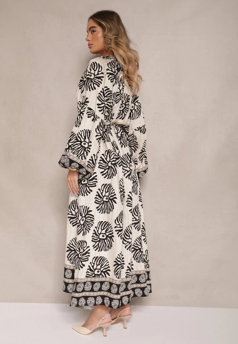 maja studio Rochie Neagră Oversize din Viscoză cu Cordon Decorată cu Imprimeu Etnic Velsekia