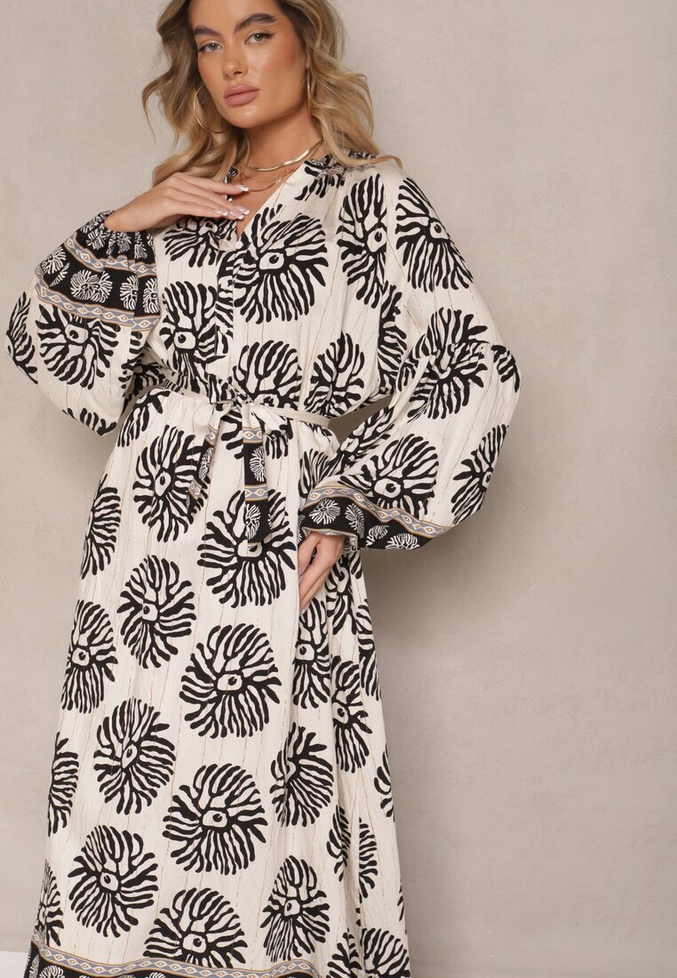 maja studio Rochie Neagră Oversize din Viscoză cu Cordon Decorată cu Imprimeu Etnic Velsekia