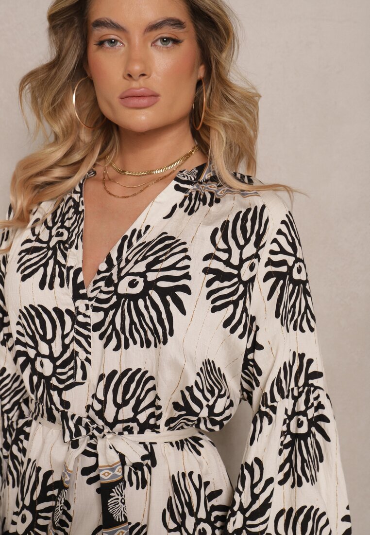 maja studio Rochie Neagră Oversize din Viscoză cu Cordon Decorată cu Imprimeu Etnic Velsekia