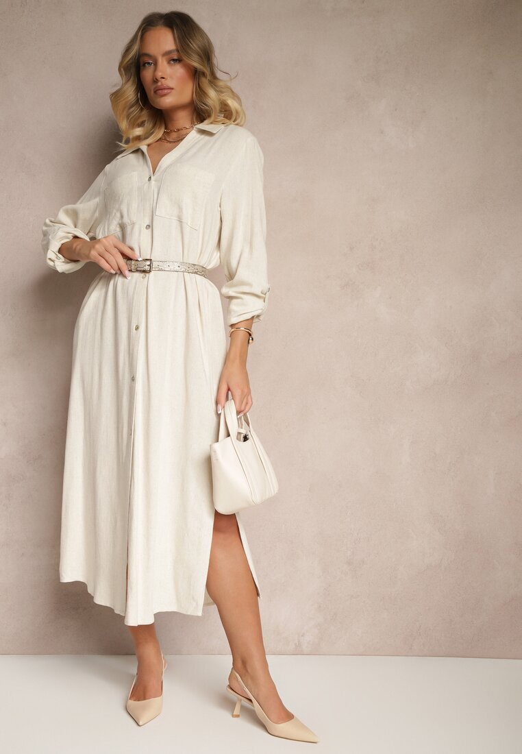 maja studio Rochie Tip Cămașă Bej din Vâscoză și In cu Ajustare la Mâneci Florvezia