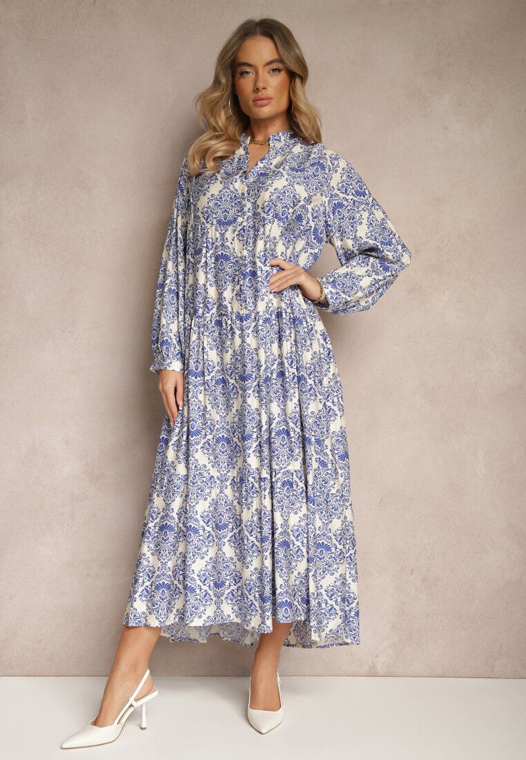maja studio Rochie Viscoză Albastră cu Model Ornamental cu Croială Cloș Gonalia