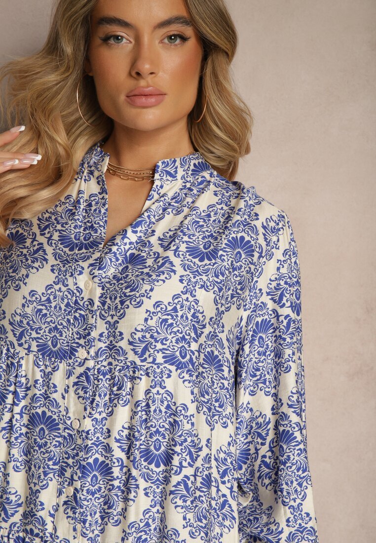 maja studio Rochie Viscoză Albastră cu Model Ornamental cu Croială Cloș Gonalia