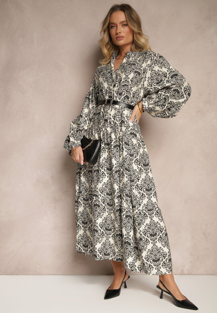 maja studio Rochie Viscoză Neagră cu Model Ornamental cu Croială Evazată Gonalia